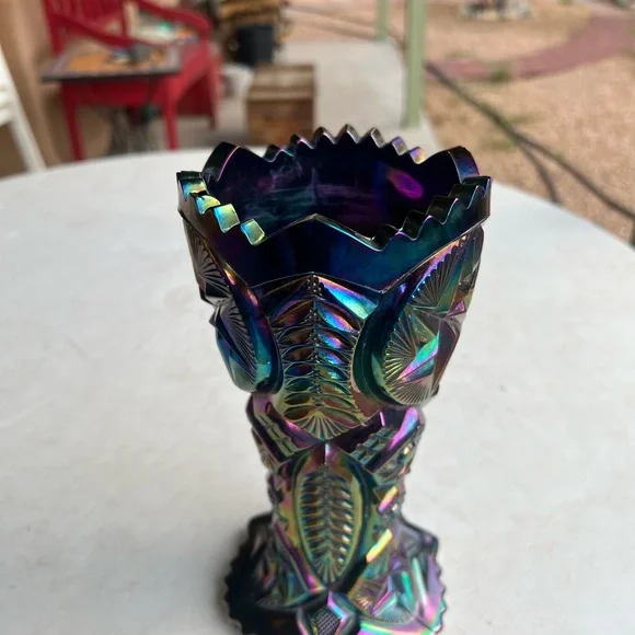 Vintage Blue Purple Carnival Glass Vase